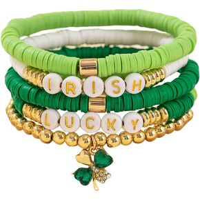 Holiday Heishi Surfer Bracelet Set for Women Girl Teens St. Patrick’s Day Valentine's Day Mardi Gras Beaded Stretch Bracelet Rainbow Polymer Clay Stackable Charm Bracelets Festive Y2k Jewelry