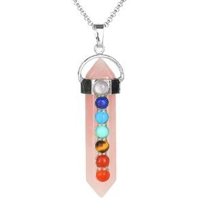 BEADNOVA 7 Chakra Gemstones Necklace Hexagonal Healing Point Crystal Pendant Necklace Stainless Steel Chain 18"