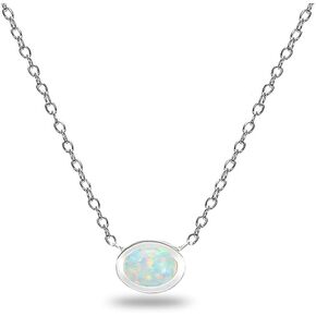 Abalone, Opal or Turquoise Necklace for Women Girls, Sterling Silver Polished Inlay Oval Minimalist Dainty Layering Necklace