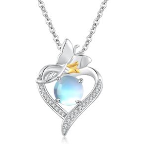 Twoowl Moonstone butterfly Necklace for Women 925 Sterling Silver Moonstone heart Pendant Necklace Butterfly Jewelry Gifts for Women Girls