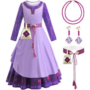 LZH Wish Asha Costume Dress For Girls Kids Cosplay Asha Dress Up Wish Halloween Costume With Bag Belt Earrings Necklace