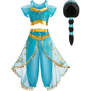 TPMG Princess Jasmine Costume for Girls 3T-12Y, Dress Up Clothes Kids Halloween Play Dress with Wig Headband Party Outfits