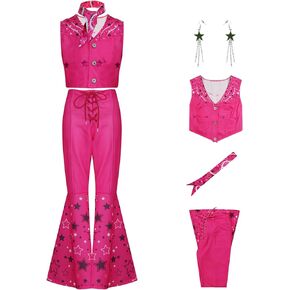 Girls Cowgirl Costume Movie 2023 Doll Pink 70s 80s Hippie Disco Outfit Halloween Cosplay Set Kids