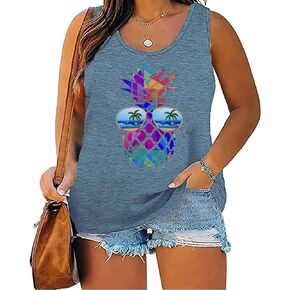 Women's Plus Size Summer Pineapple Sunglasses Tank Tops Hawaiian Graphic Printed Tees Sleeveless Vacation T Shirt Blouse Top