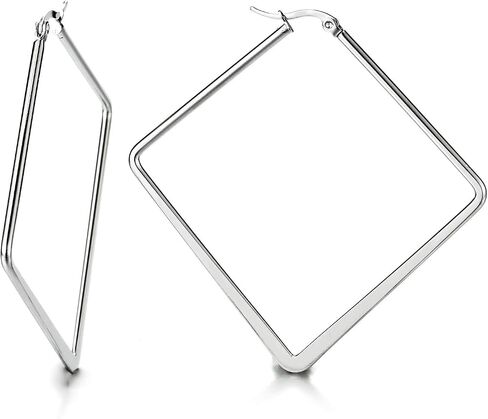 Pair Stainless Steel Large Plain Square Huggie Hinged Hoop Earrings for Women Girls in Saudi Arabia