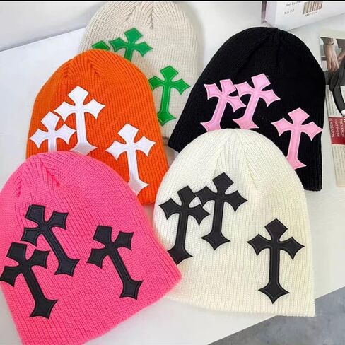 Y2K Hat Dark Cross Wool Hat Cross Pattern Fashion Knit Hat Gothic Three Cross Beanie Hat Outdoor in Kuwait