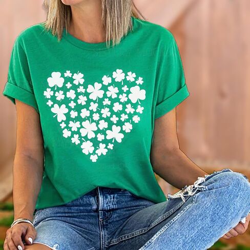 تي شيرت نسائي لعيد القديس باتريك باللون الأخضر النفل بأكمام قصيرة وقمصان مبيضة من Lucky Irish in Saudi Arabia