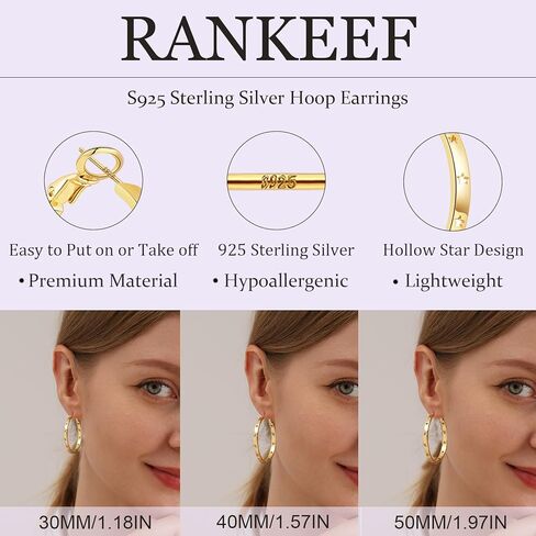 RANKEEF 4.0MM تصميم نجمة مجوفة واسعة 925 الفضة الاسترليني الأقراط الكبيرة للنساء هيبوالرجينيك 14K مطلية بالذهب الأطواق الأقراط خفيفة الوزن كبيرة الأقراط الفضية للفتيات (30/40/50 مم) in Kuwait
