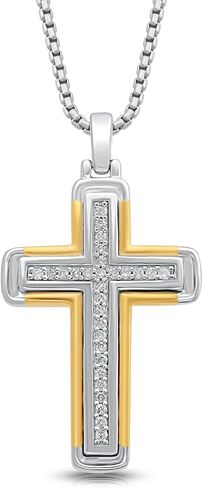 Jewelili Men's 14k Yellow Gold over Sterling Silver Cross Pendant Necklace with Natural White Round Diamonds, 1/5 cttw, 18" Box Chain in Saudi Arabia
