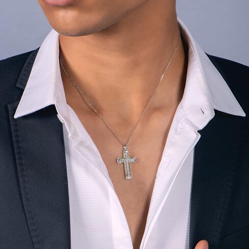 Jewelili Men's 14k Yellow Gold over Sterling Silver Cross Pendant Necklace with Natural White Round Diamonds, 1/5 cttw, 18" Box Chain in Saudi Arabia