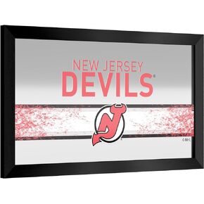 Trademark Global Wall Mirror - Ready-to-Hang New Jersey Devils Logo Black Framed Rectangle Mirror - for Pub, Game Room, Garage or Home Bar