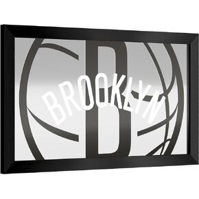 Trademark Global Wall Mirror - Ready-to-Hang Brooklyn Nets Fade Black Framed Rectangle Mirror - for Pub, Game Room, Garage or Home Bar