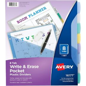 Avery Durable Plastic 8 Tab Write & Erase Dividers with Pockets for 3 Ring Binders, Multi Brights, Works with Sheet Protectors (16103)