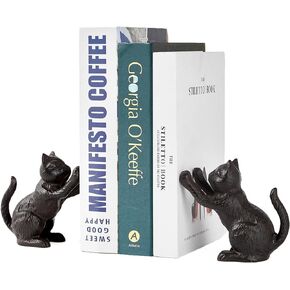 Denique Cat Decorative Bookends, Cute Book Ends to Hold Books, Bookends for Shelves, Unique Cast Iron Book Stopper for Heavy Books, Cat Office Decor, 1 Pair/2 PCS