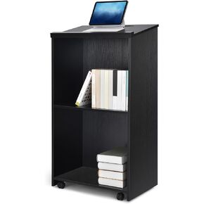 QuicMiou Podium Stand Freestanding Lectern Reception Desk with 4 Wheels, for Speaker with 2 Storage Shelves for Pulpits, Churches, Restaurants, and Classrooms (Black)