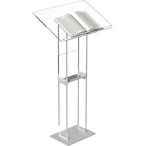 HMYHUM Acrylic Podium Stand, Clear Lecterns & Pulpits for Classroom, Weddings, Churches, Speech, with Storage Shelf, Metal Base, 23.6" L x 15.7" W x 46.1" H, Modern
