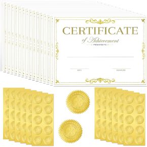 50 Packs Gold Foiled Certificate Paper Award 11 x 8.5 Inch Certificate of Completion Achievement Awards with 100 Pieces Embossed Gold Foil Seals Gold Seals Stickers for Printer Supplies
