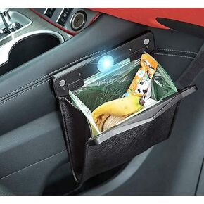 Car Trash Bag, Superior PU Leather with LED Light and Magnet Closure Design, Bundle with Tissue Box and 30 Disposable Inner Garbage Bags, Waterproof Vehicle Rubbish Container Garbage Can