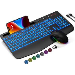 مجموعة لوحة مفاتيح وماوس لاسلكية مع 7 مصابيح خلفية ملونة، مسند للمعصم، لوحة مفاتيح مريحة قابلة لإعادة الشحن مع حامل هاتف، مجموعة كاملة الحجم بإضاءة صامتة للنافذة، ماك، الكمبيوتر الشخصي، الكمبيوتر المحمول-ترويك (أسود) in Kuwait
