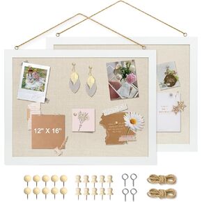 2-Pack Double-Sided Cork Board with Linen, 16" x 12" Hanging Wood Framed Bulletin Board, Picture Display Vision Board Kit Corkboards for Wall School Office Decor, 20 Pushpins (Vintage White)