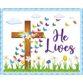 Easter Spring Bulletin Board Decoration Set He Lives Floral Cross Bulletin Board Borders Easter Butterfly Paper Cutouts Easter Christian Jesus Bulletin Boarder for Easter Spring School Classroom Decor