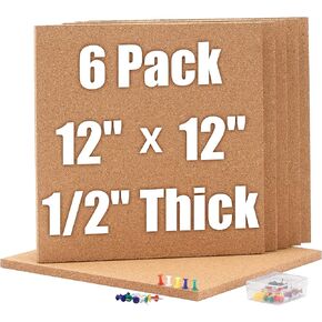 SUNGIFT Cork Board 12"x12" - 1/2" Thick Square Bulletin Boards 6 Pack Cork Tiles with 50 Push Pins Mini Wall Self-Adhesive Corkboards Tiles for Wall