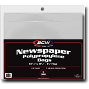 BCW Newspaper Bags | Protect Collectible Newspapers | 1½"" Flap for Closure | 13 3/8 X 11 7/8 | Crystal Clear Polypropylene | Newspaper Protector Sleeves | Clear Sleeves for Art Prints or Newspaper