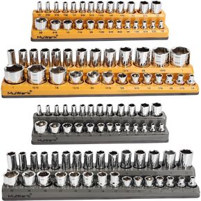 Mulwark 4PC Magnetic Socket Organizer - Socket Holder Set Contain SAE Metric 1/4", 3/8" Socket Tray Holds 108 pieces Deep and Standard Size Sockets