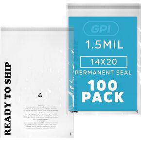 GPI - 100 Count 12" x 18" CLEAR SELF SEAL POLY BAGS - 1.5 mil Extra Large Peel & Seal Polybags With Permanent Adhesive Strip & Suffocation Warning For Packaging & Shipping T Shirts & Clothing.
