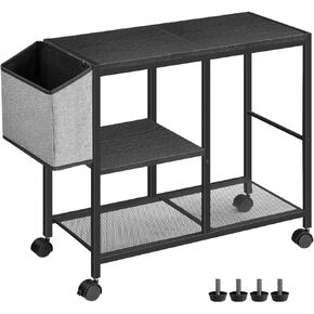 Printer Stand with Storage Bag, 3-Tier Mobile Under Desk Printer Cart with Wheels, Wooden Rolling Printer Table, Organizer Shelf for Study, Office, Living Room, Black PTHB2201