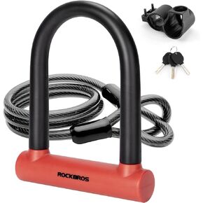 ROCKBROS U Lock Bike U Lock with Cable Heavy Duty Anti Theft Bike Lock U-Lock 4 ft Cable Mounting Bracket for Bikes eBikes Motorcycles Scooters
