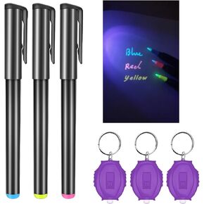 Invisible Ink Pen, Spy Pen with 3 PCS Mini UV LED Keychain Flashlight, Disappearing Ink Magic Pen with Black Light Markers for Secret Notes, Fit for Christmas Halloween Holiday Gifts (3 PCS)