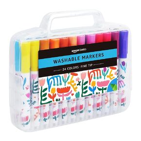 Amazon Basics Washable Round Tip Assorted School Marker Pens, Pack of 24 Colors