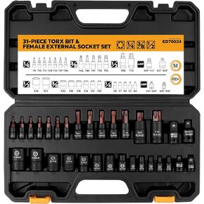 31-Piece Torx Bit Socket Set: Premium CR-V & S2 Alloy Steel, Star T8-T70 & E-Torx E4-E24, High Torque Laser Marked for Automotive Mechanic