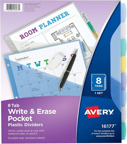 فواصل كتابة ومسح بلاستيكية متينة من Avery تحتوي على 8 علامات تبويب مع جيوب لـ 3 مجلدات حلقية، متعددة السطوع، تعمل مع واقيات الأوراق (16103) in Saudi Arabia