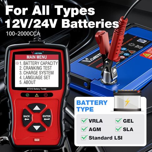 جهاز اختبار بطارية السيارة VDIAGTOOL BT310 12 فولت 24 فولت، جهاز اختبار الحمل 100-2000 CCA، جهاز اختبار نظام تدوير الشحن، محلل بطارية السيارة الرقمي، جهاز اختبار مولد السيارات للسيارة والشاحنات والدراجات النارية وسيارات الدفع الرباعي ATV in Kuwait