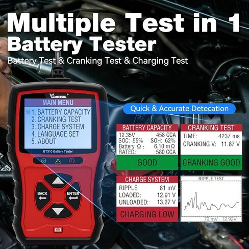 VDIAGTOOL BT310 Car Battery Tester 12V 24V, 100-2000 CCA Load Tester, Charging Cranking System Tester Digital Auto Battery Analyzer Automotive Alternator Tester for Car Truck Motorcycle SUV ATV Boat in Saudi Arabia