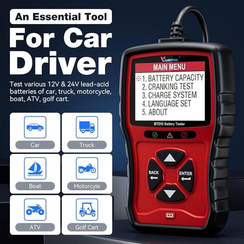VDIAGTOOL BT310 Car Battery Tester 12V 24V, 100-2000 CCA Load Tester, Charging Cranking System Tester Digital Auto Battery Analyzer Automotive Alternator Tester for Car Truck Motorcycle SUV ATV Boat in Saudi Arabia