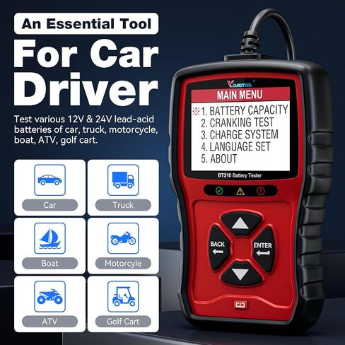 جهاز اختبار بطارية السيارة VDIAGTOOL BT310 12 فولت 24 فولت، جهاز اختبار الحمل 100-2000 CCA، جهاز اختبار نظام تدوير الشحن، محلل بطارية السيارة الرقمي، جهاز اختبار مولد السيارات للسيارة والشاحنات والدراجات النارية وسيارات الدفع الرباعي ATV in Kuwait
