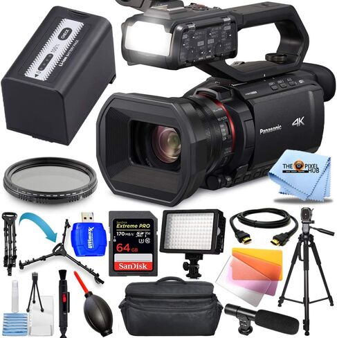 تتضمن كاميرا Pixel Hub Panasonic HC-X2000 UHD 4K 3G-SDI/HDMI Pro ما يلي: بطاقة SD سعة 64 جيجابايت و160 مصباح فيديو LED وحامل ثلاثي القوائم ودوللي وميكروفون وحقيبة أدوات XL وكابل HDMI والمزيد (متجدد) in Kuwait