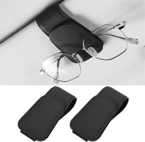 2 Packs Sunglass Holder for Car Sun Visor, Magnetic Eyeglass Hanger Clip for Car Visor, Leather Car Glasses Mount, Car Interior Visor Accessories (Black-2Pcs) in Saudi Arabia