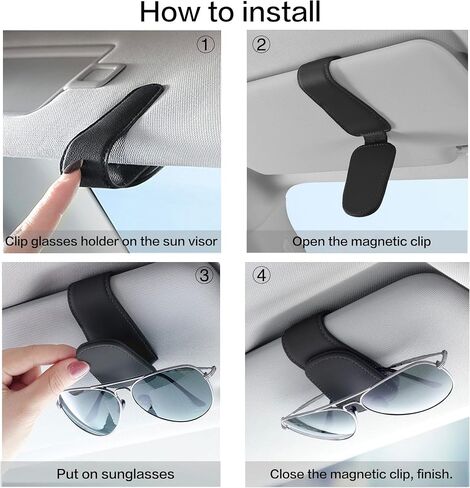 2 Packs Sunglass Holder for Car Sun Visor, Magnetic Eyeglass Hanger Clip for Car Visor, Leather Car Glasses Mount, Car Interior Visor Accessories (Black-2Pcs) in Saudi Arabia