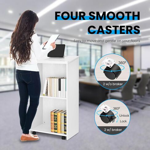QuicMiou Podium Stand Freestanding Lectern Reception Desk with 4 Wheels, for Speaker with 2 Storage Shelves for Pulpits, Churches, Restaurants, and Classrooms (Black) in Saudi Arabia