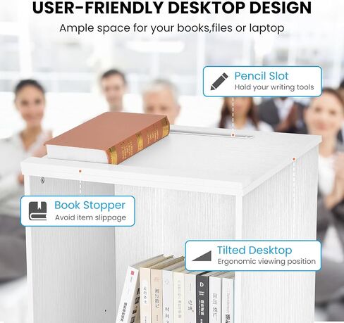 QuicMiou Podium Stand Freestanding Lectern Reception Desk with 4 Wheels, for Speaker with 2 Storage Shelves for Pulpits, Churches, Restaurants, and Classrooms (Black) in Saudi Arabia