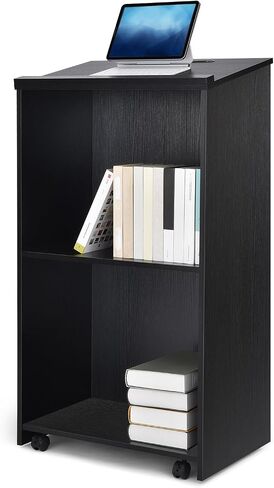 QuicMiou Podium Stand Freestanding Lectern Reception Desk with 4 Wheels, for Speaker with 2 Storage Shelves for Pulpits, Churches, Restaurants, and Classrooms (Black) in Saudi Arabia