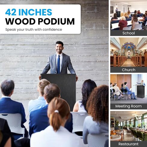 QuicMiou Podium Stand Freestanding Lectern Reception Desk with 4 Wheels, for Speaker with 2 Storage Shelves for Pulpits, Churches, Restaurants, and Classrooms (Black) in Saudi Arabia
