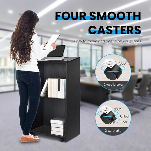 QuicMiou Podium Stand Freestanding Lectern Reception Desk with 4 Wheels, for Speaker with 2 Storage Shelves for Pulpits, Churches, Restaurants, and Classrooms (Black) in Saudi Arabia
