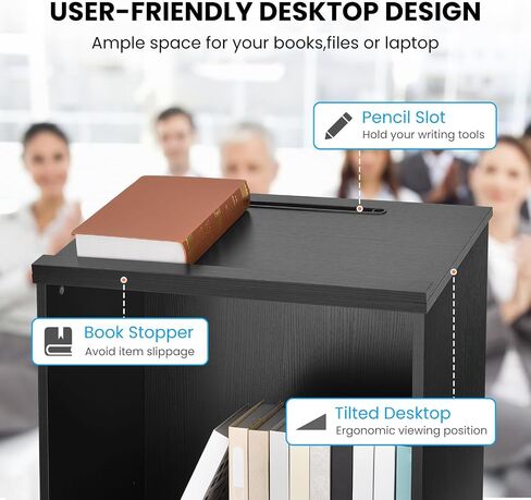 QuicMiou Podium Stand Freestanding Lectern Reception Desk with 4 Wheels, for Speaker with 2 Storage Shelves for Pulpits, Churches, Restaurants, and Classrooms (Black) in Saudi Arabia