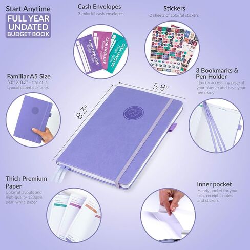 GoGirl Budget Book – Undated Colorful Monthly Financial Planner Organizer. Budget Planner & Expense Tracker to Reach Financial Goals, Lasts 1 Year, Bonus 3 Cash Envelopes, A5 Hardcover – Purple in Saudi Arabia