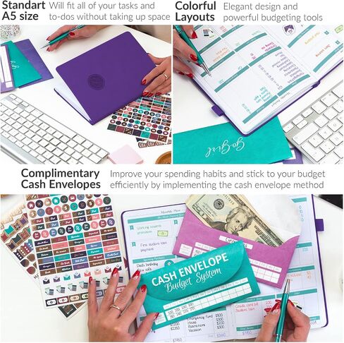 GoGirl Budget Book – Undated Colorful Monthly Financial Planner Organizer. Budget Planner & Expense Tracker to Reach Financial Goals, Lasts 1 Year, Bonus 3 Cash Envelopes, A5 Hardcover – Purple in Saudi Arabia